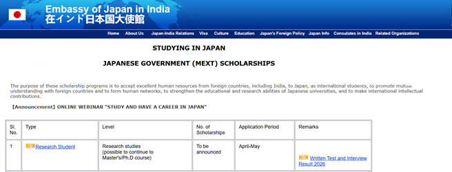 MEXT Scholarship 2026 